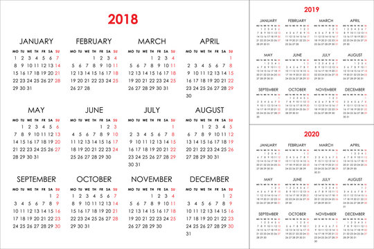 Calendar for 2018, 2019, 2020 years
