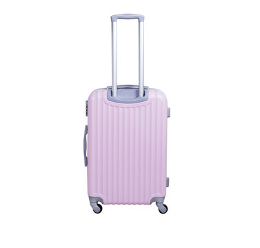 Pink suitcase isolated on white background. Polycarbonate suitcase isolated on white. Pink suitcase.
