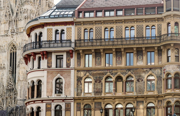 Vienna, beautiful architecture and painted facades of a buildings on Stephansplatz. Austria. Europe
