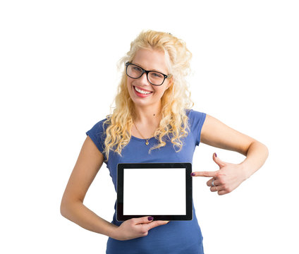 Happy Hipster Pointing At Blank Screen Computer With One Hand