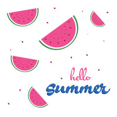 Hello Summer inscription on the background of slice watermelon. Vector illustration on white background. Trend calligraphy. Happy youth gift.