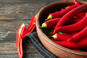 Plate with red chili peppers on wooden table