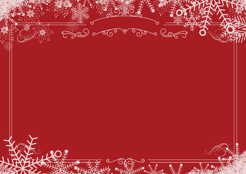 Christmas winter snowflake retro border and red textured background