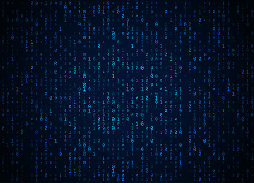Vector binary code dark blue background. Big data and programming hacking, deep decryption and encryption, computer streaming numbers 1,0. Coding or Hacker concept
