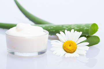 Beautiful composition of a mask, fresh leaves of aloe vera and chamomiole flower