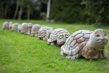 Tortoise wood scilptures on the grass