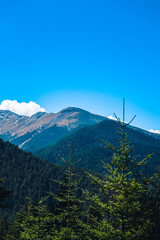 Beautiful view on the high green mountains peaks, on the blue sky background. Mountain hiking paradise landscape, no people.