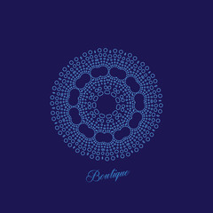 Gentle blue beautiful circular logo for boutique, flower shop, business, interior. Company mark, emblem, element. Simple geometric mandala logotype. Kaleidoscope big bud. Surround abstract blossom.