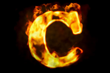 Fire letter C of burning flame light, 3D rendering