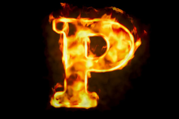 Fire letter P of burning flame light, 3D rendering