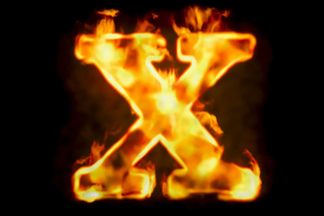 Fire letter X of burning flame light, 3D rendering