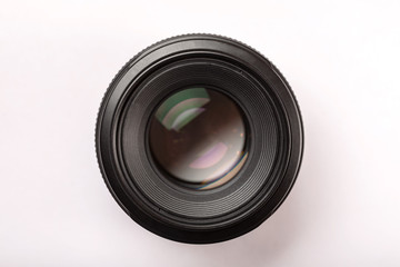 Photo lens with reflection closeup shot, top view