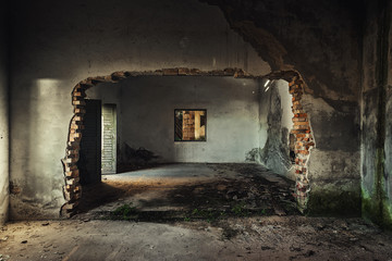 Damaged building interior with large hole - Powered by Adobe