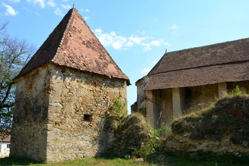 Ruins. Fortified medieval saxon evangelic church in the village Felmer, Felmern, Transylvania, Romania. The settlement was founded by the Saxon colonists in the middle of the 12th century
