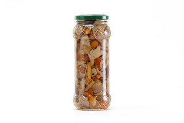 jar with pickled mushrooms on white background. Isolated jar with pickled mushrooms