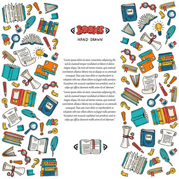 Vector cover with hand drawn colored books. Illustration on the theme of education