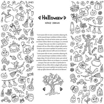 Vector cover with hand drawn symbols of Halloween on white color