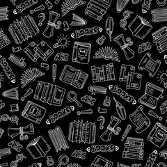 Vector seamless pattern with isolated hand drawn books on black color. Pattern on the theme of education
