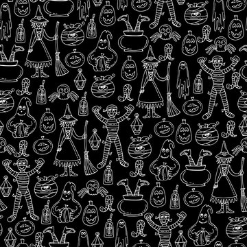 Vector seamless pattern with isolated hand drawn symbols of Halloween on black color
