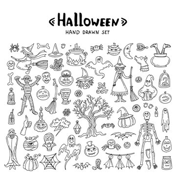 Vector set with hand drawn isolated doodles on the theme of Halloween on white background