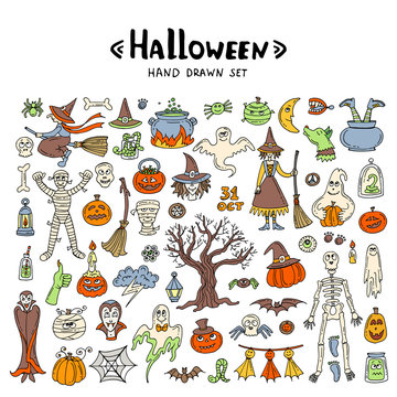 Vector set with hand drawn, colored, isolated doodles on the theme of Halloween on white background