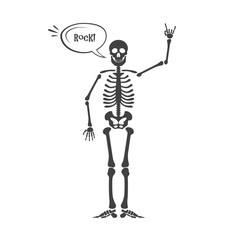 Skeleton human anatomy. Vector halloween black skeleton isolated on white. Skeleton hand sign: ok, finger up, finger down, fist, middle finger, Rock n roll horns, clapping palms and other emoji.