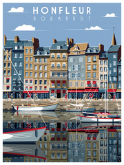 A Sunny day in the port of Honfleur, Normandy, France. Handmade drawing vector illustration. Vintage style. All buildings - customizable different objects. - obrazy, fototapety, plakaty