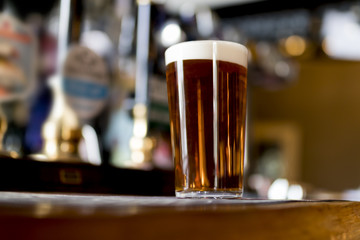 Pint of real ale on a bar in an English pub - obrazy, fototapety, plakaty
