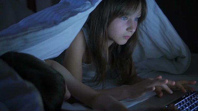 Children play on the computer in the bed under the blanket at night.