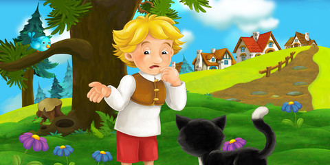 cartoon scene with traveler near the village talking to cat - illustration for children