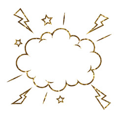 Golden glitter of isolated comic speech cloud bubbles with star and thunderstorm
