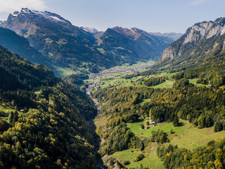 Aerial view of valley in Swiss mountains along Pragel Pass