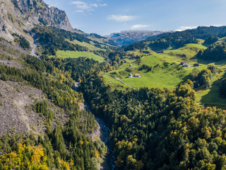 Aerial view of valley in Swiss mountains along Pragel Pass