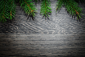 Evergreen tree twig on wooden board Christmas concept