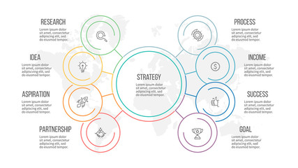 Outline infographic. Organization chart with 8 options. Vector template.