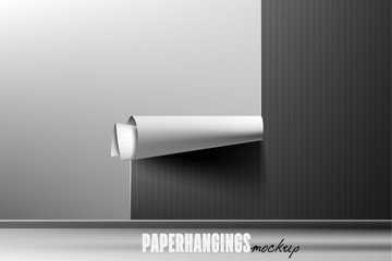 Empty, clear wallpaper hang on white wall, paperhanging design mockup. Scrolled wallpaper. Vector illustration
