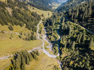 Aerial view of valley in Swiss mountains along Pragel Pass
