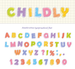 Font pencil crayon. Childly style. Handwritten. Isolated on white.