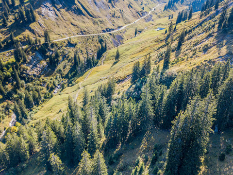 Aerial view of valley in Swiss mountains along Pragel Pass
