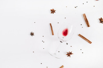 Mulled wine ingredients on white background. Flat lay, top view Christmas or New Year holiday concept.