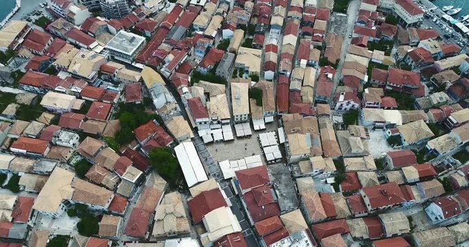 Aerial flight with drone over the Lefkada town, Lefkada island, Greece