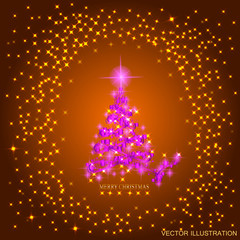 Fototapeta na wymiar Abstract gold background with pink christmas tree, lights and stars. Vector illustration in gold and pink colors.
