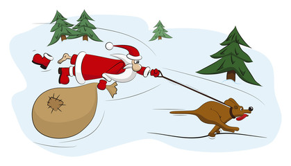 Santa Claus is flying behind a fast rushing dog.