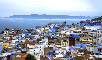 Obraz premium Panorama of Chefchaouen blue medina in Rif mountains, Morocco, North Africa