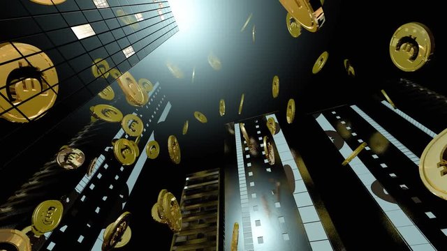 Euro money fall from animated buildings. 3d rendering