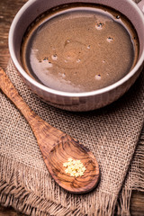 Morning Coffee, Black Coffee And Roasted Coffee Beans On wooden Table
