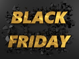 golden black friday text and exploding background. 3d illustration.