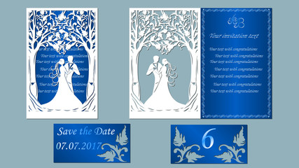 Vector illustration Postcard. Invitation and greeting card with the groom and the bride under the trees. Pattern for the laser cut, boy and girl.