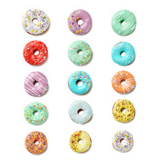 Collage of donuts with sprinkles on a white background