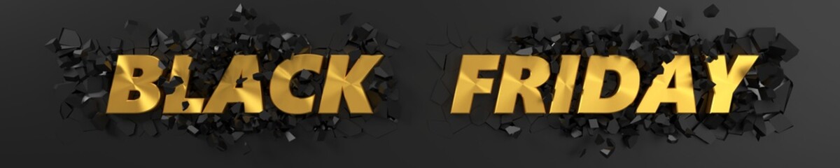 black friday header with golden text and exploding background. 3d illustration.